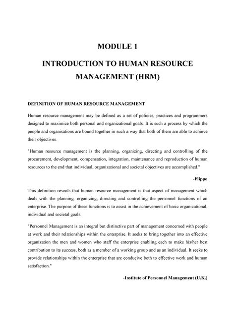 Introduction To Human Resourse Management Module Introduction To