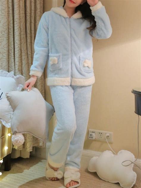 Zip Up Ear Hoodie Plush Pajama Set Night Wear Pajamas Winter Pajamas