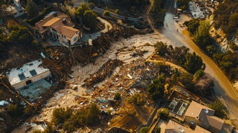 Aerial View Of Houses Damaged By Debris Flow In Rainstorm Showing