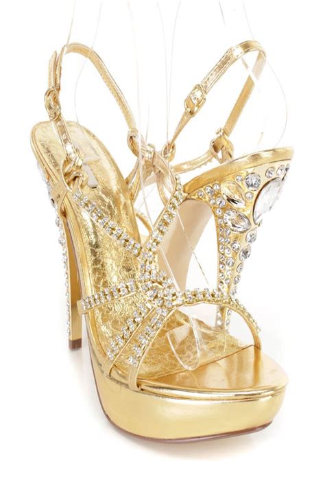 Gold Rhinestone Encrusted Platform Sandal Heels Metallic Heels