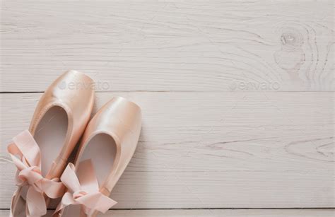 Pink Ballet Pointe Shoes On White Wood Background Stock Photo By