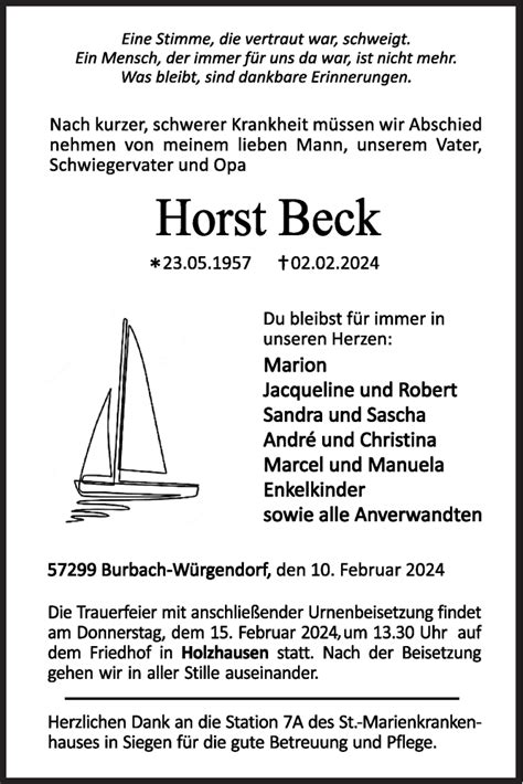 Traueranzeigen Von Horst Beck Trauer De