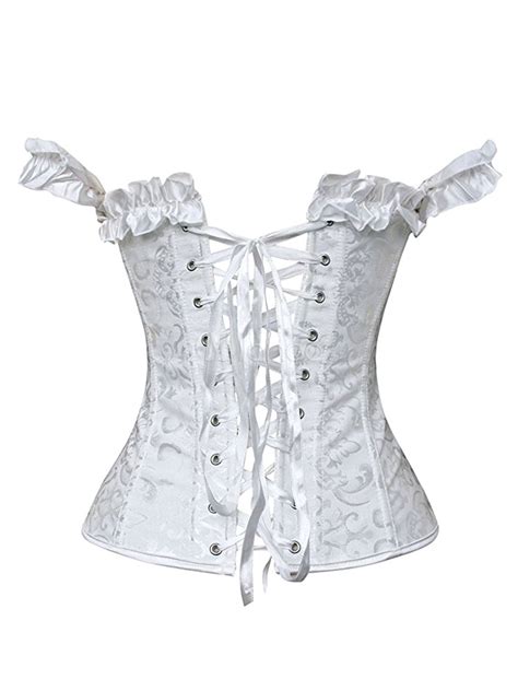 White Sexy Corsets Jacquard Ruffles Off The Shoulder Lace Up Corsets Top