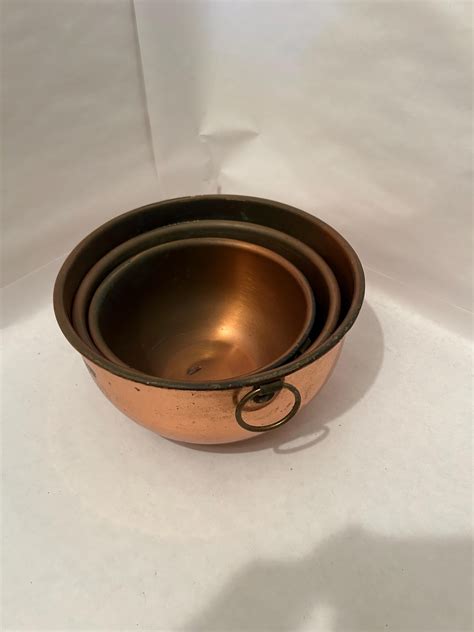 Vintage Copper Bowls Set Of 3 With Brass Handles Perfect To Use And
