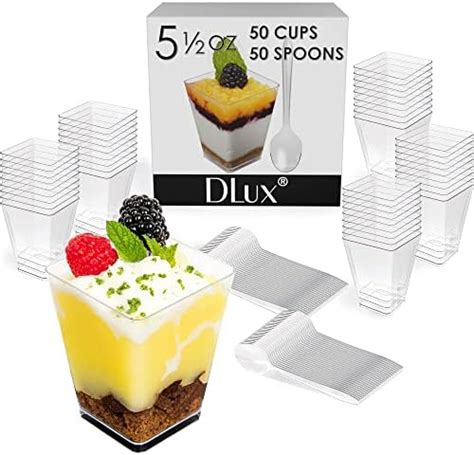 Impirilux 5 Oz Dessert Cups With Spoons Pack Of 50 Tall Square Plastic Dessert