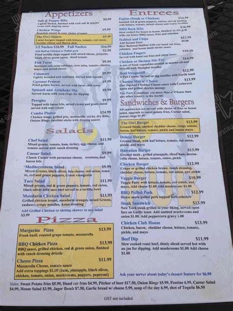 Menu at Owl Pub, Osoyoos