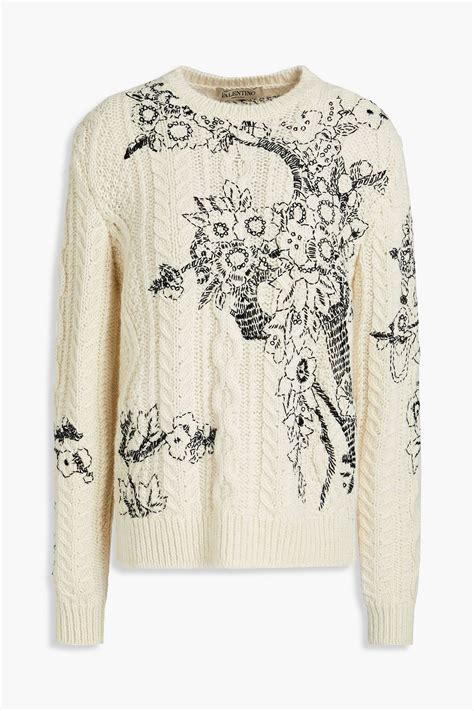 Valentino Garavani Embroidered Cable Knit Wool And Alpaca Blend Sweater