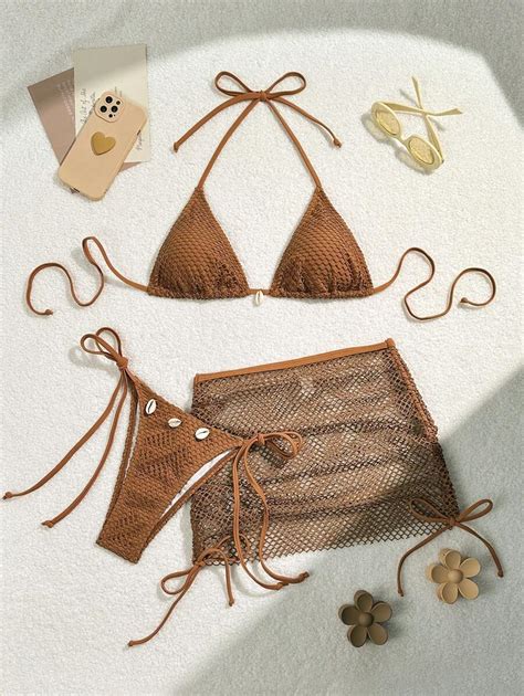 SHEIN VCAY Conjunto de bikini con sujetador tipo halter y fondo de baño