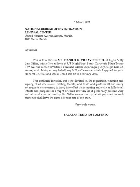 Authorization Letter Nbi Pdf