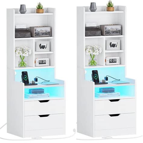 ADORNEVE Tall Nightstand Set Of 2 With Bookshelf Bedside Table With