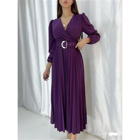 Secret Passion Lingerie V Yaka Uzun Kollu Mor Renk Pliseli Kemerli Midi Boy Abiye Ve Mezuniyet