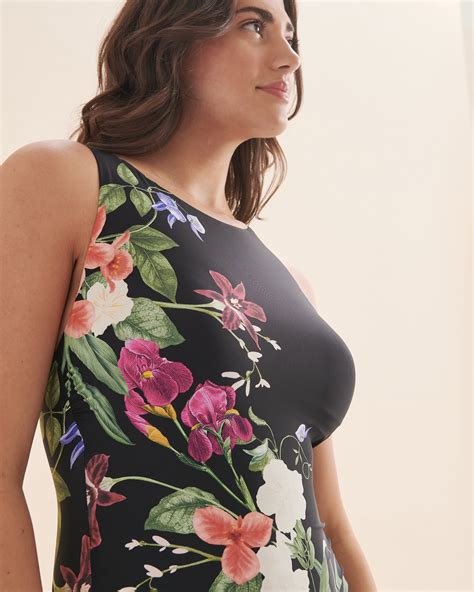 JANTZEN Floral Fantasy Layla High Neck One Piece Swimsuit Black Tropical Bikini Village