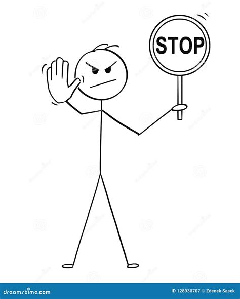 Cartoon Of Man Holding Stop Sign And Showing Stop Gesture Stock Vector