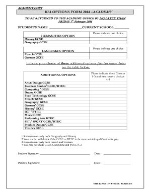 Fillable Online ACADEMY COPY KS4 OPTIONS FORM 2014 ACADEMY TO BE ...