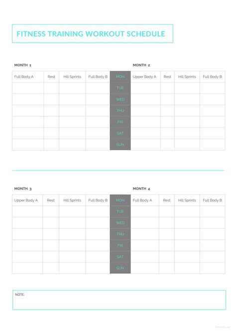 Fitness Training Workout Schedule Template In Microsoft Word Pdf