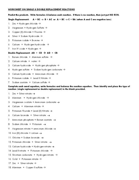 Worksheet On Single And Double Replacement Reactions PDF Worksheets