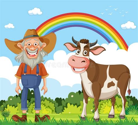 Un Granjero Sonriente Con Vacas Al Aire Libre Ilustración del Vector