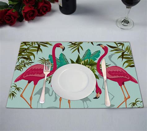 YKCG Pink Flamingo Tropical Floral Palm Leaves Placemats Size 12x18