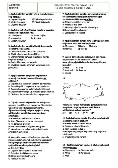 10 SINIF COĞRAFYA 1 DÖNEM 2 YAZILI TEST Sosyal Bilgiler