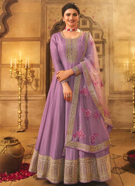 Buy Prachi Desai Violet Dola Silk Embroidered Anarkali Suit Party Wear