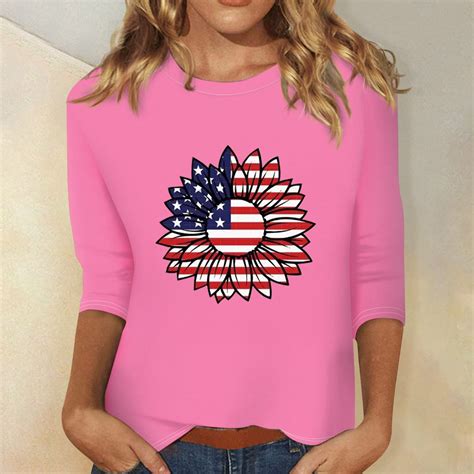 Qcmgmg Patriotic T Shirts Women 34 Sleeve 4th Of July Stars Striped Tunic Tops Independence Day