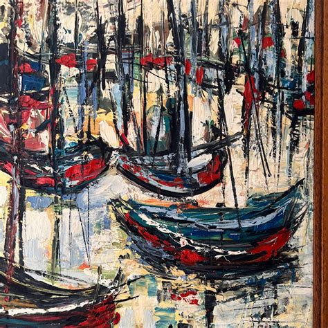 Mid Century Modernist Signed Harbor Scene Oil Painting