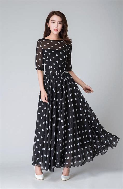 Swing Chiffon Long Maxi Dress With Sleeve Polka Dot Maxi Chiffon Dress