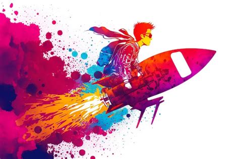 Un Ni O Volando En Un Colorido Cohete Con Fuego Y Mucha Pintura Ia