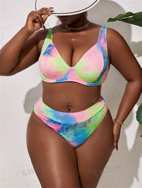 Shein Swim Curve Summer Beach Plus Size Tie Dye Texture Bikini Set