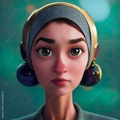 Stylish Arab Woman Covering Hairs Cartoon Big Eyed Close Up Portrait