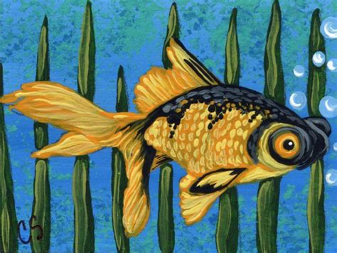 ACEO ATC Original Painting Fantail Fancy Goldfish Pet Fish Art Carla