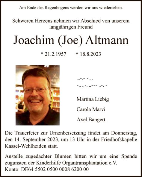 Traueranzeigen Von Joachim Altmann Trauer HNA De