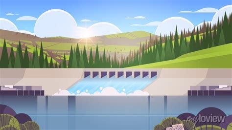 Hydroelectric Power Production Station Water Spills Over The Posters