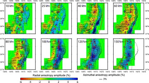 Map Views Of P Wave Anisotropic Tomography At Eight Depths The Azimuth