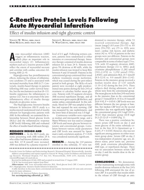 Pdf C Reactive Protein Levels Following Acute Myocardial Infarction Effect Of Insulin Infusion