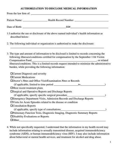 Fillable Authorization To Disclose Medical Information Form Printable