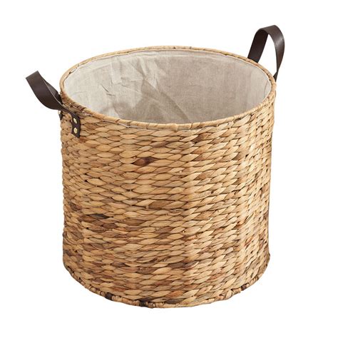 Round Water Hyacinth Storage Basket With Leather Handle Laundry Basket