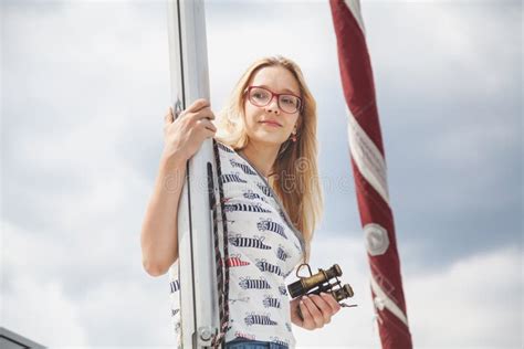 Cute Blonde Holding On To Mast Yacht Summer Day Stock Image Image Of Mast Design