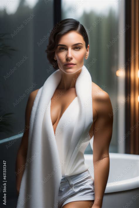 Brunette With Short Hair And Lingerie Getting Ready To Shower In The Bathtub Generative AI