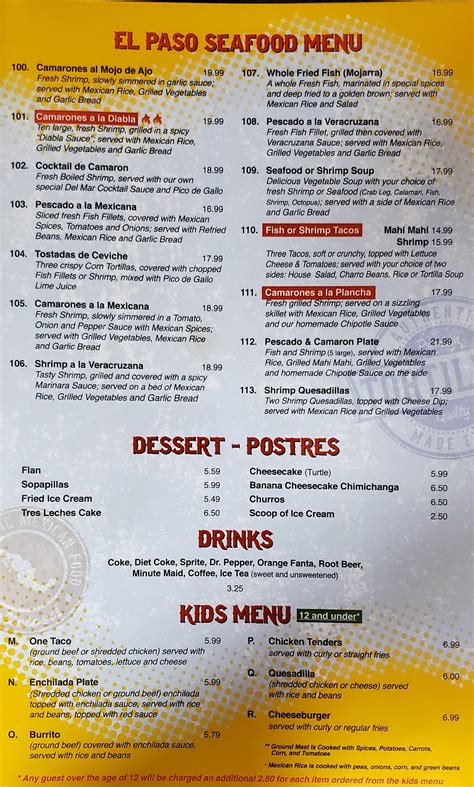 Dinner Menu El Paso Mexican Grill Carencro La