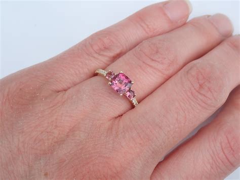 Diamond And Cushion Cut Pink Tourmaline Three Stone Engagement Ring K