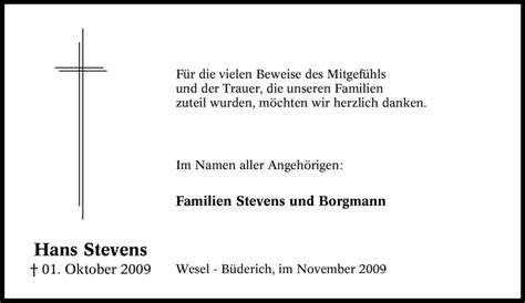 Traueranzeigen Von Hans Stevens Trauer In Nrw De