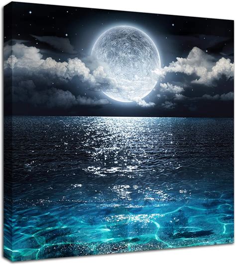 Amazon.com: Moon Painting Canvas Wall Art - Bright Moonrise On Sea ...