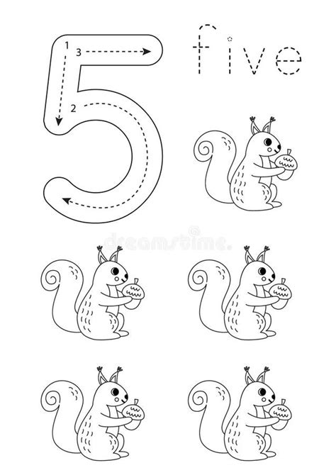 Flashcard Number 5 Preschool Worksheet Cute Cartoon Squirrels Stock