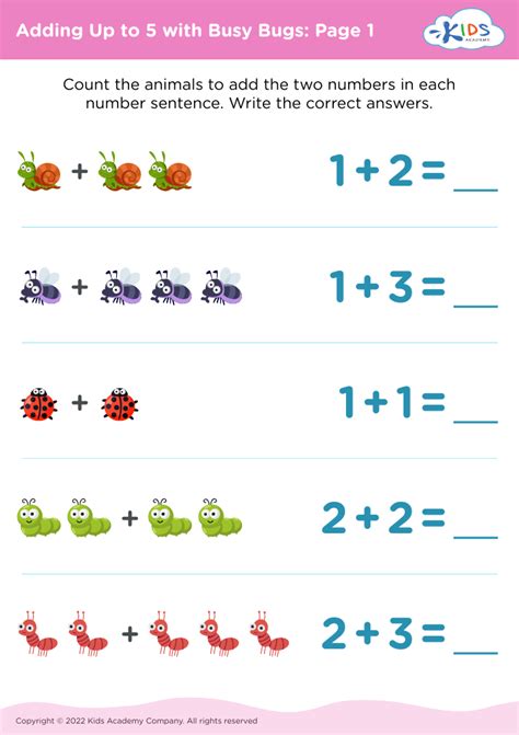 Adding Up To 5 With Busy Bugs Worksheet Page 1