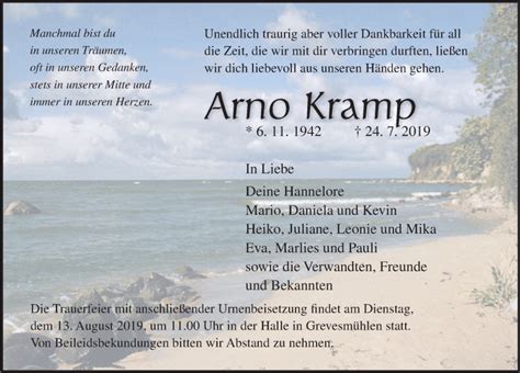 Traueranzeigen Von Arno Kramp Trauer Anzeigen De