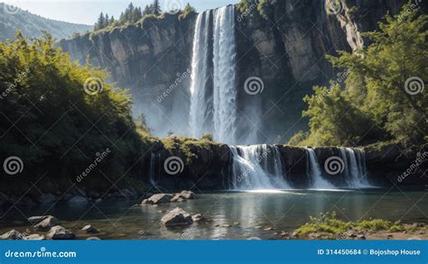 A Fresh Waterfall Cascades Down Rocks In A Lush Green Forest ParkA