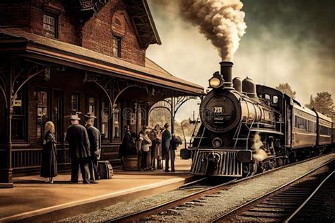 Vintage Train Station, with Steam Engine and Passengers Boarding for ...