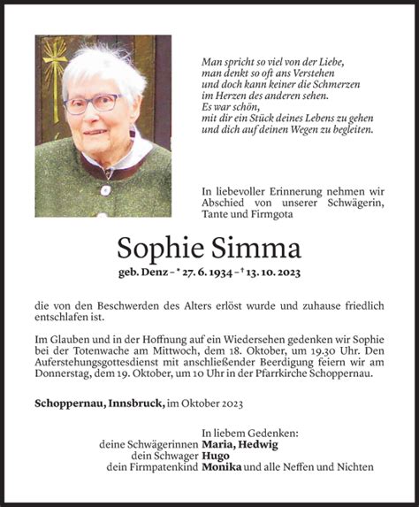 Todesanzeigen Von Sophie Simma Todesanzeigen Vorarlberger Nachrichten