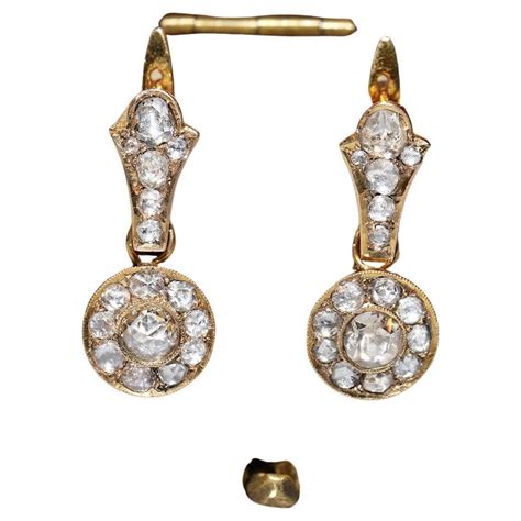 Antique Circa 1900s 14k Gold Natural Rose Cut Diamond Decorated Drop Earring For Sale At 1stdibs